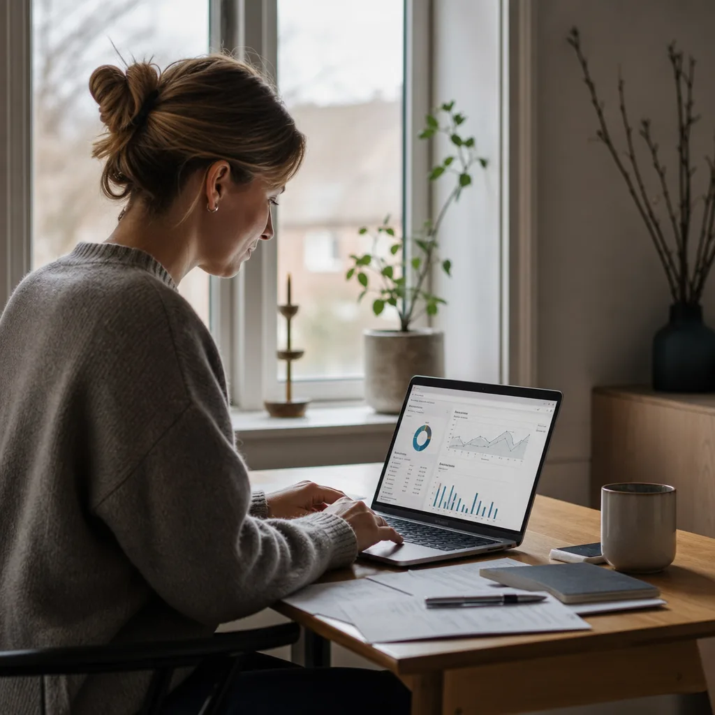 Bokföringsprogram öppet på laptop med ekonomidashboard