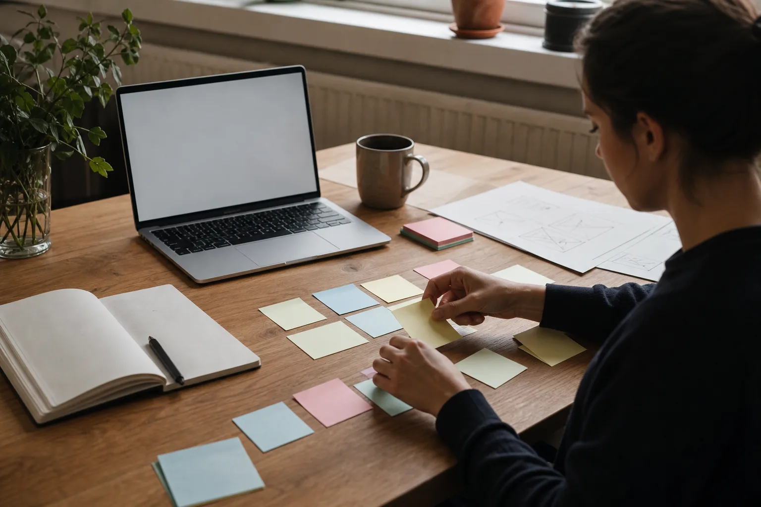 Planering av webbplatsstruktur med lappar och laptop